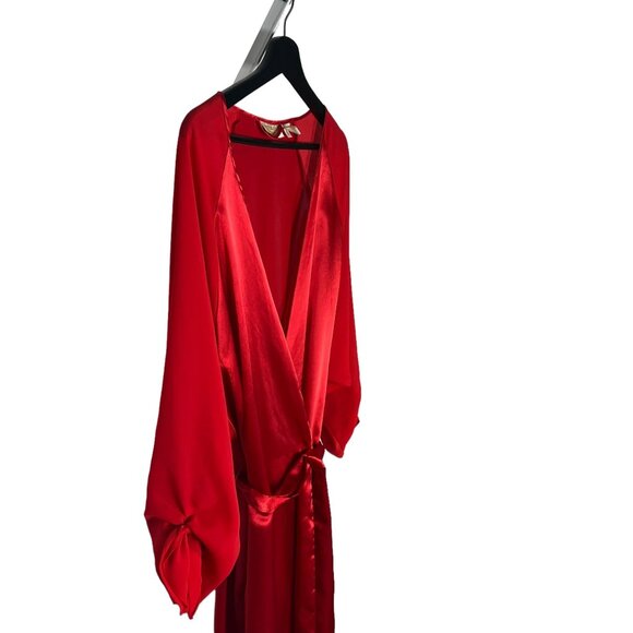 Vintage 90s Gold Label Red Satin Chiffon Long Sleeve Full Length Robe Medium Lar - Picture 2 of 8